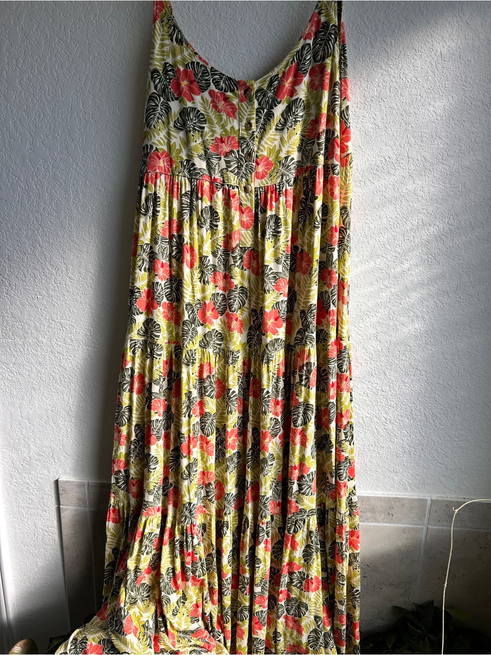 Kate Quinn Floral Tiered Maxi Skirt - Yellow with Coral & monstera Print